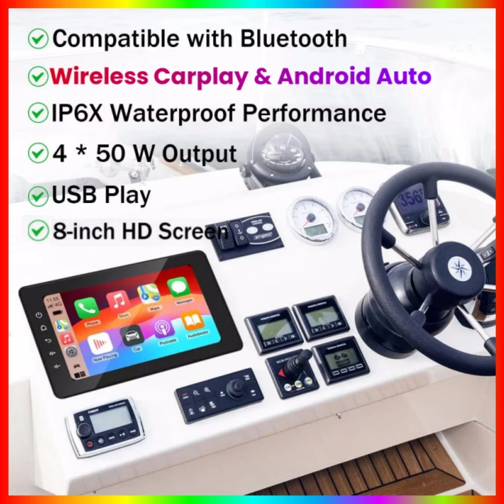 8 Inch Marine Waterproof Multimedia Player Wireless CarPlay IPX6 Bluetooth Marine Stereo f | AUTOKITSHOP