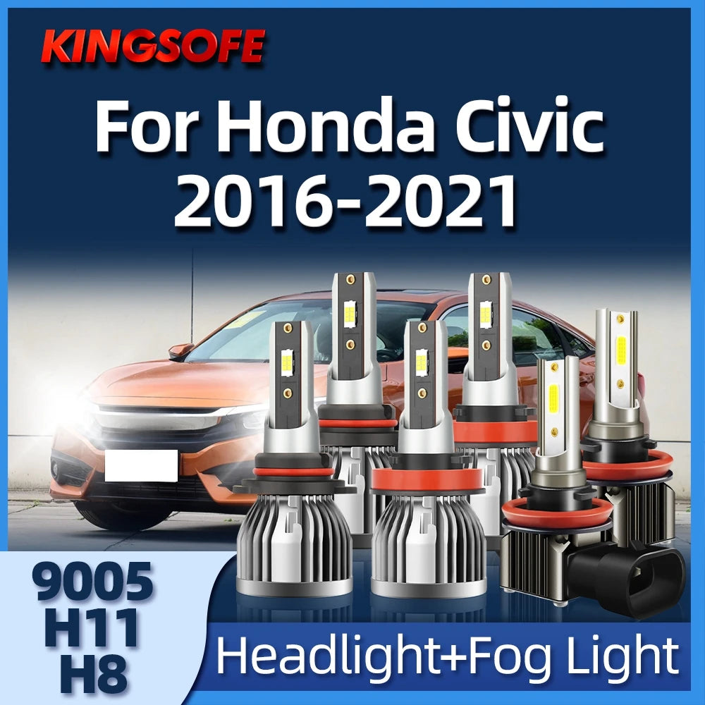 KINGSOFE 2/6Pcs LED Headlight High Low Beam Fog Lamp 9005 H11 H8 6000K Fit For Honda Civic
