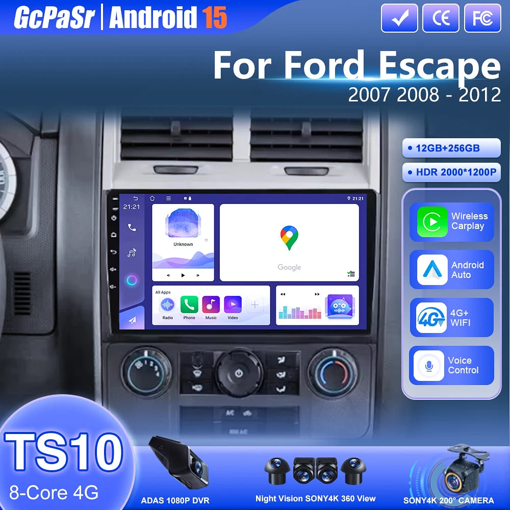 Android 15 For Ford Escape 2007-2012 Car Android Auto Radio Stereo Head Unit Multimedia Pl