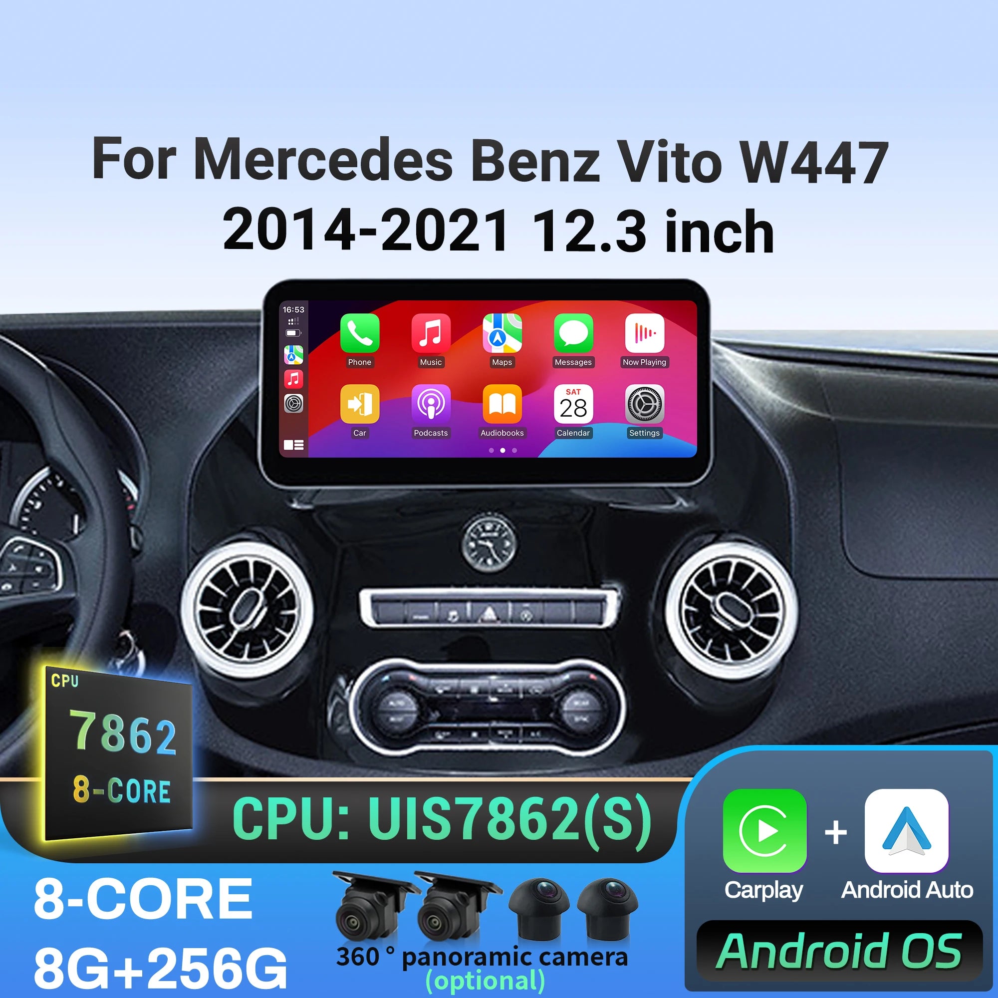 12.3 inch Android 14 For Mercedes Benz Vito W447 2014 2015 2016-2021 Wireless BT Carplay M