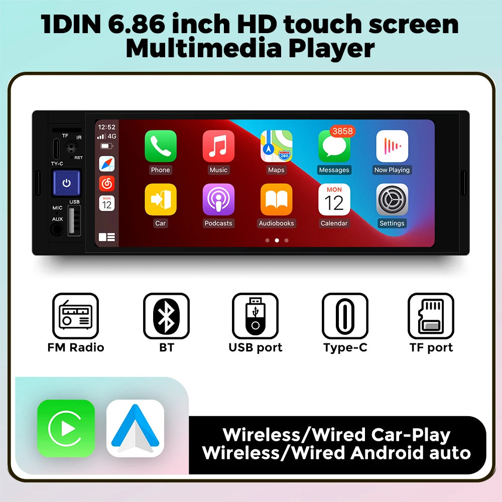 1 Din Universal Car Radio Automotive Wireless Carplay Android Auto Multimedia MP5 Player T | AUTOKITSHOP