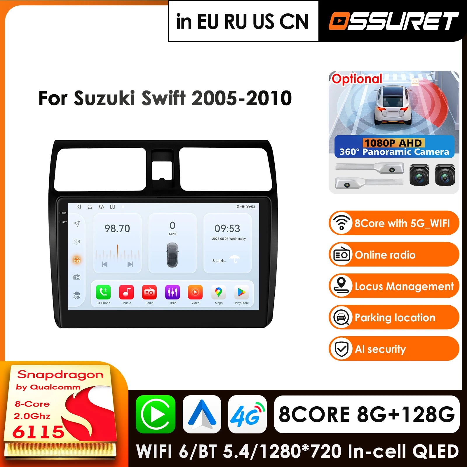12.3" Car Radio GPS for Suzuki Swift 2005-2010 Android 14 2 Din Navigation Stereo DSP BT SWC DVR Multimedia
