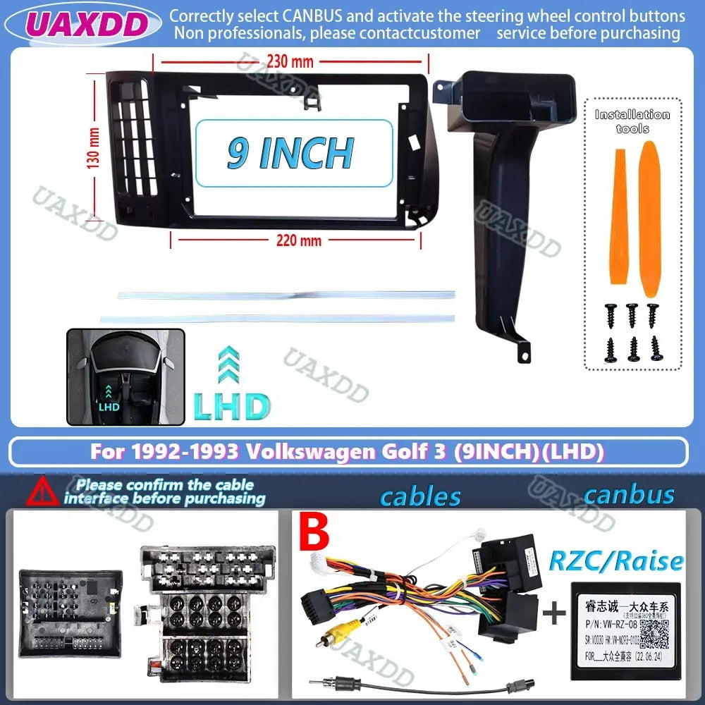 For 1992-1993 Volkswagen Golf 3 9INCH 2 Din Car radio Android frame fascia cable video har
