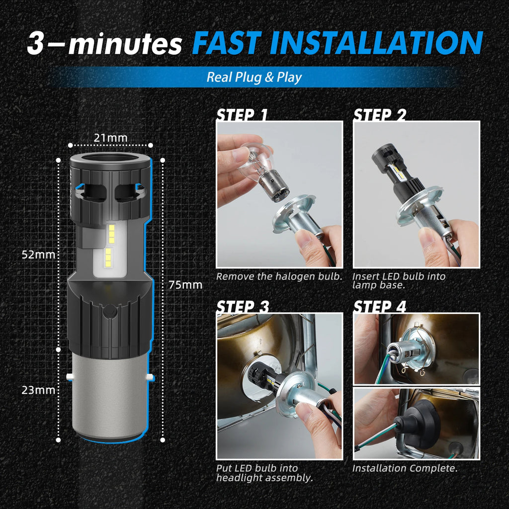 BEVINSEE BA20D H6 LED 12V Motorcycle Bulb Hi/Lo Beam Halogen Size CANBUS 25W 3000LM Super