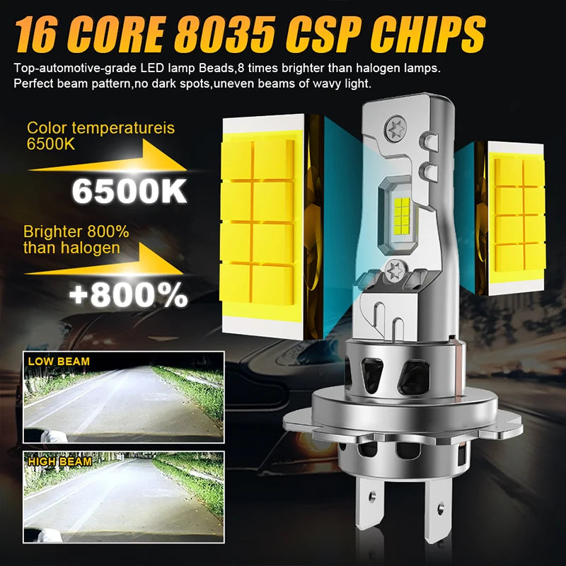 H4 H7 LED Headlight 1:1 Mini Size Fanless Head Lamp Wireless 16PCS 8035 CSP Chips Car Bulb