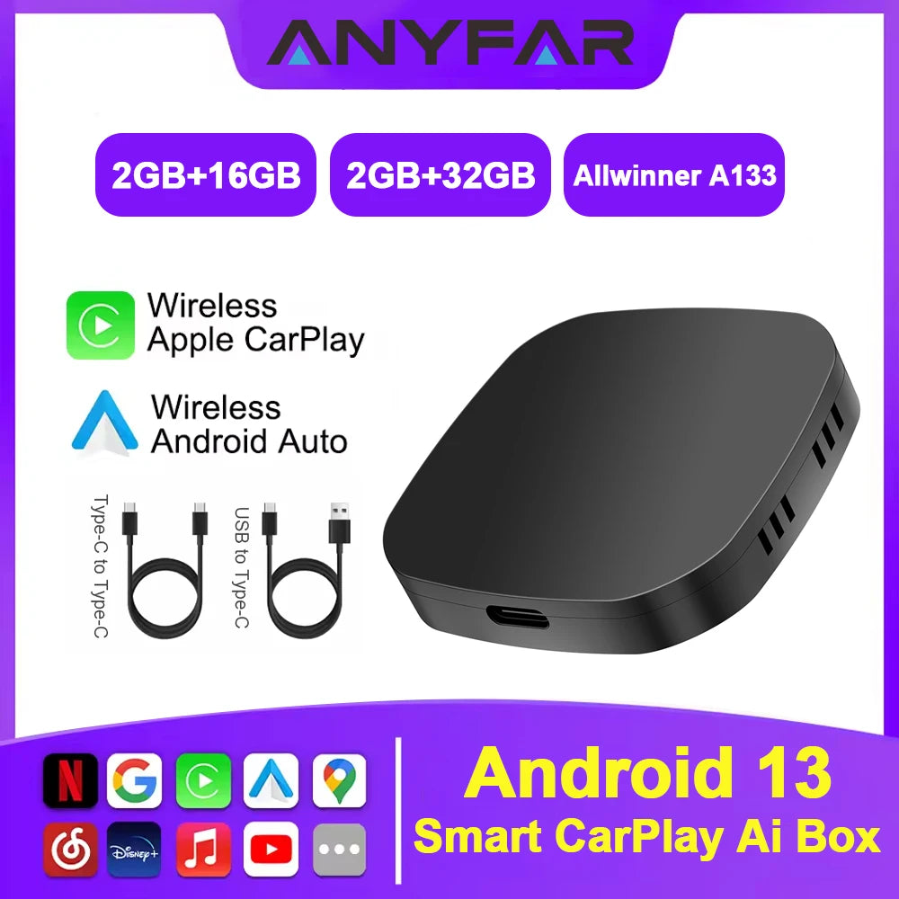 Android 13 Ai Box Wireless Android Auto & CarPlay Smart Tv Box Support Youtube Netflix Car