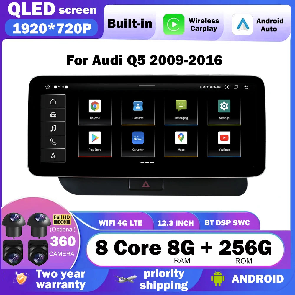8 Core Car Multimedia Player Android Auto Carplay 12.3" For Audi Q5 2009 - 2017 QLED 1920*