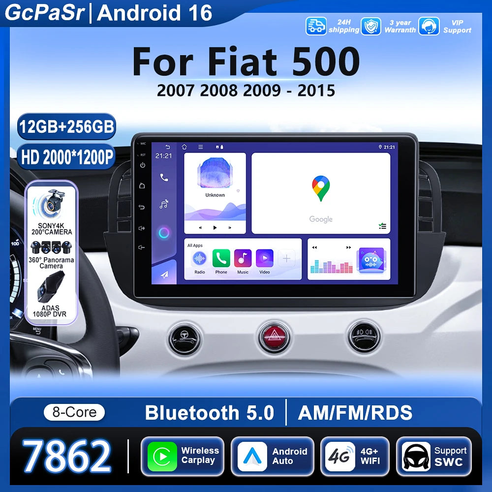 Car Radio Android Wireless Carplay For Fiat 500 2007 - 2015 Head Unit Multimedia Video Pla