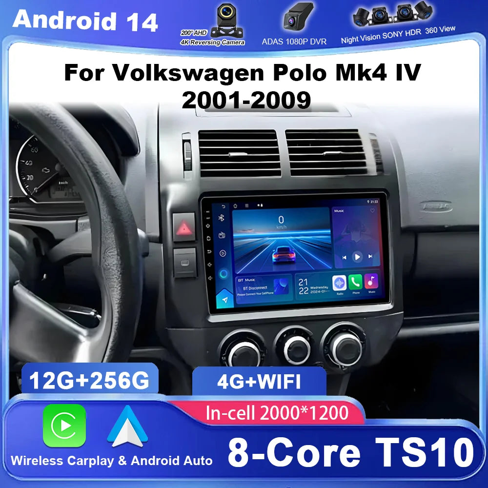 Android 15 Auto Radio For Volkswagen Polo Mk4 IV 2001-2009 Auto GPS Navigation Carplay Mul
