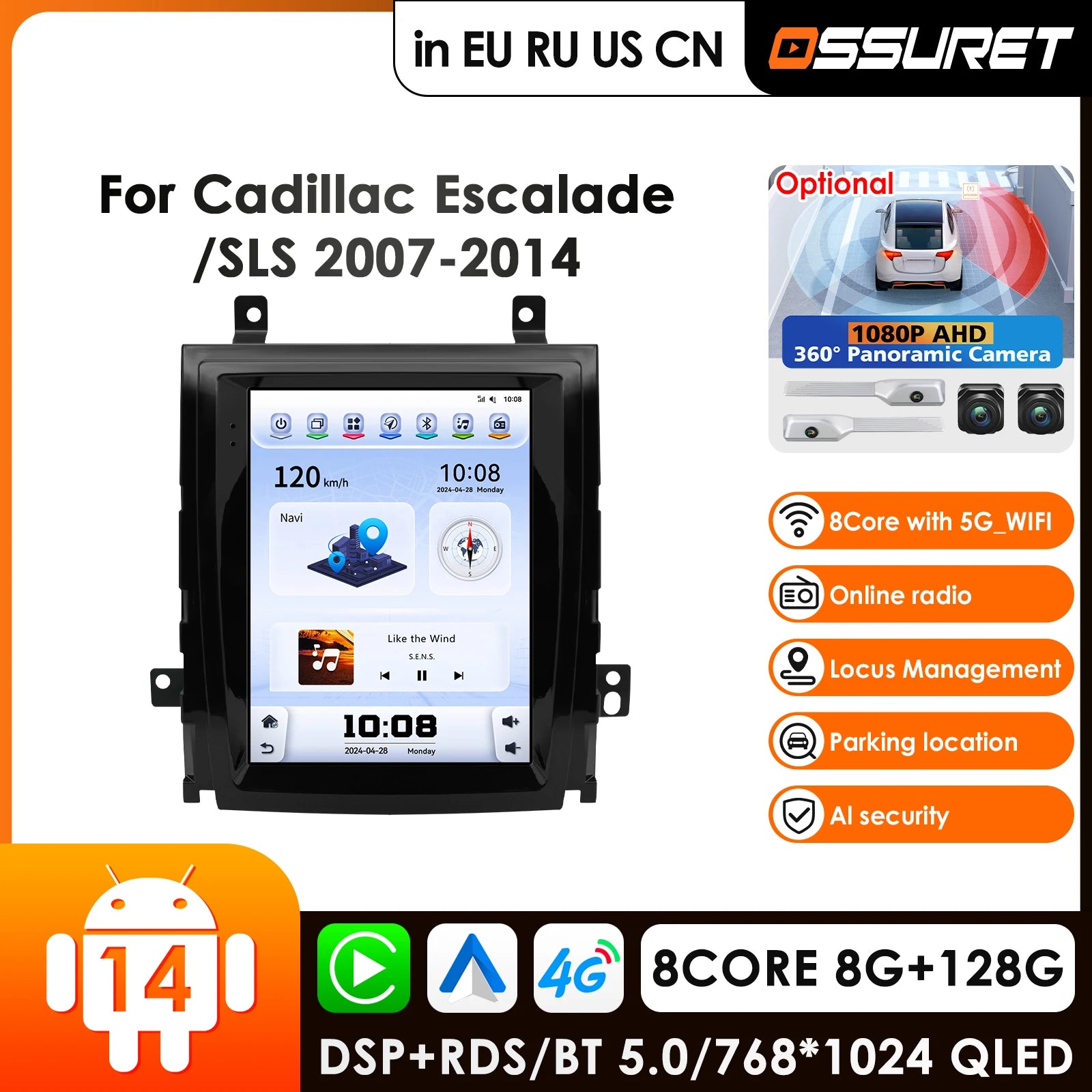 9.7" Car Radio GPS for Cadillac Escalade/SLS 2007-2014 - Android 14 Carplay 4G DSP Multimedia Video Player Autoradio