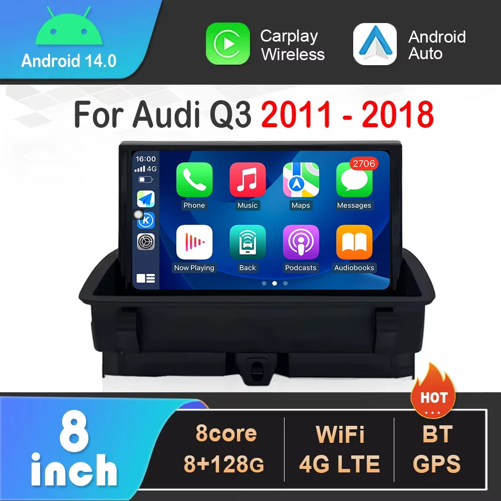8 inch HD Touch Screen for Audi Q3 2011 - 2018 Android 14 Car Radio Video Multimedia Playe