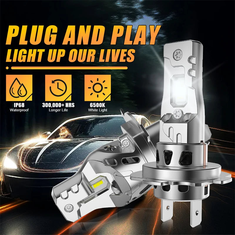2x Fanless H4 H7 LED Headlight 1:1 Mini Size Head Lamp Wireless 5500000LM 16PCS 8035 CSP C