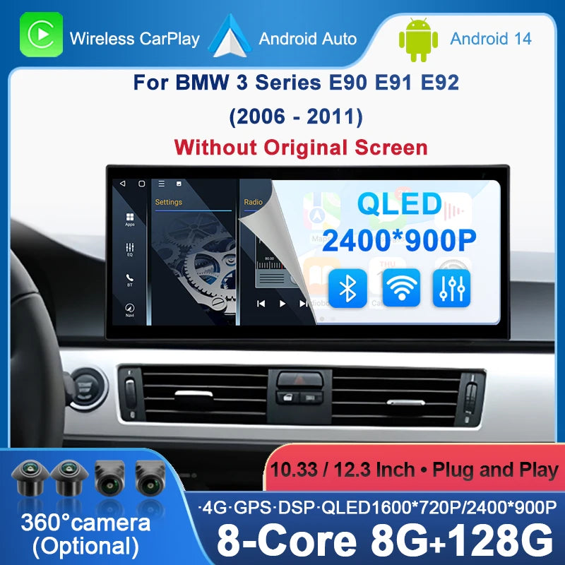 For BMW 3 Series E90 E91 E92 2006 - 2011 without original screen Android 14 Wireless Carpl