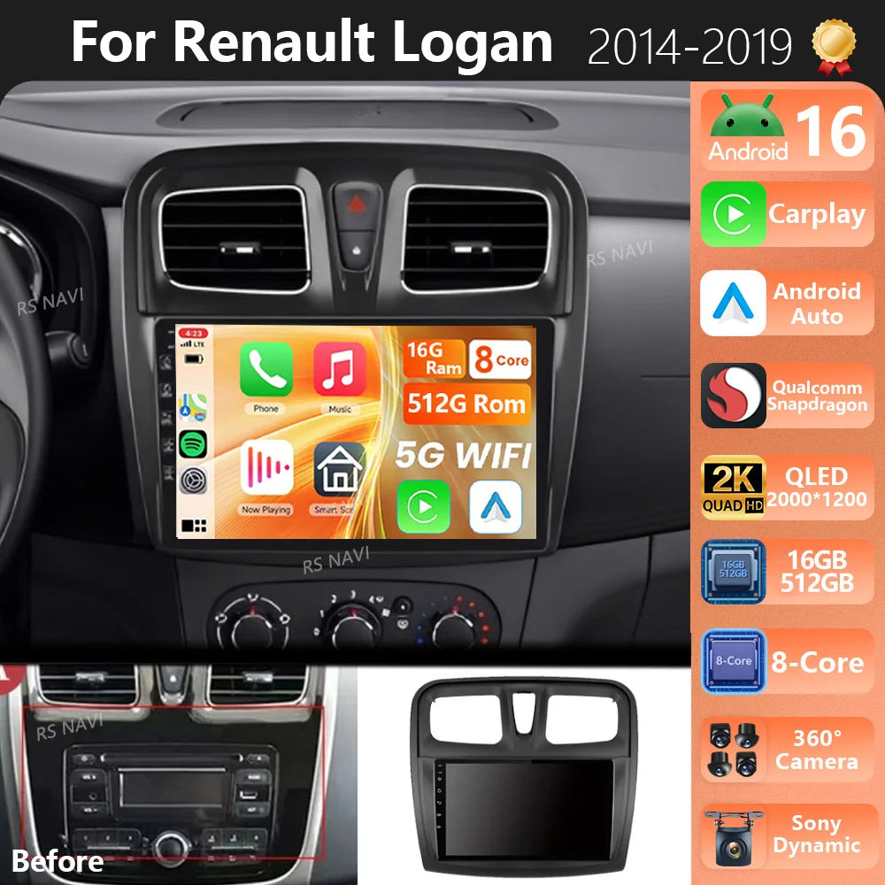 Plug and Play Android 16 For Renault Logan 2 2012 - 2022 Sandero 2 2013 -2022 2K QLED Ster