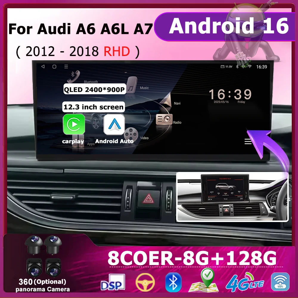 Android 16 RHD For Audi A6 A6L A7 2012 - 2018 Wireless CarPlay Car Multimedia Radio Player