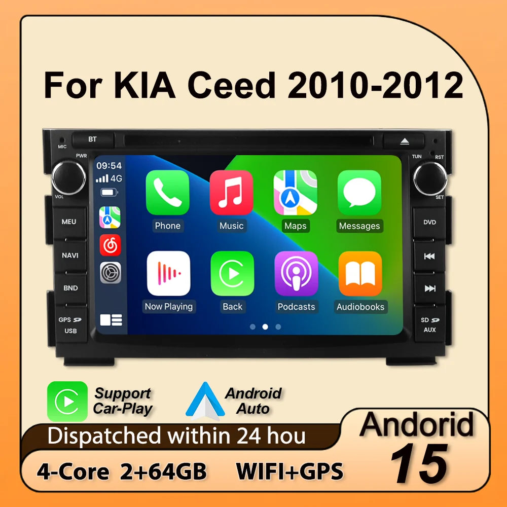 For Kia Ceed Venga 2010-2016 Android 15 64G 2 Din 7inch Car Radio Carplay Central Multimed