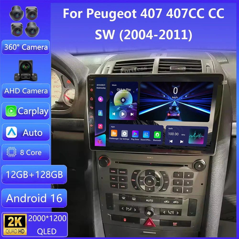 Android 16 Carplay Auto For Peugeot 407 1 2004-2011 Car Radio Multimedia Video Player Moni