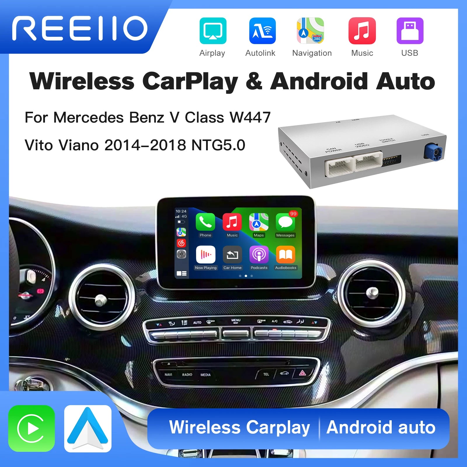Wireless CarPlay Android Auto For Mercedes Benz V Class W447 V250 V260 with AirPlay Mirror