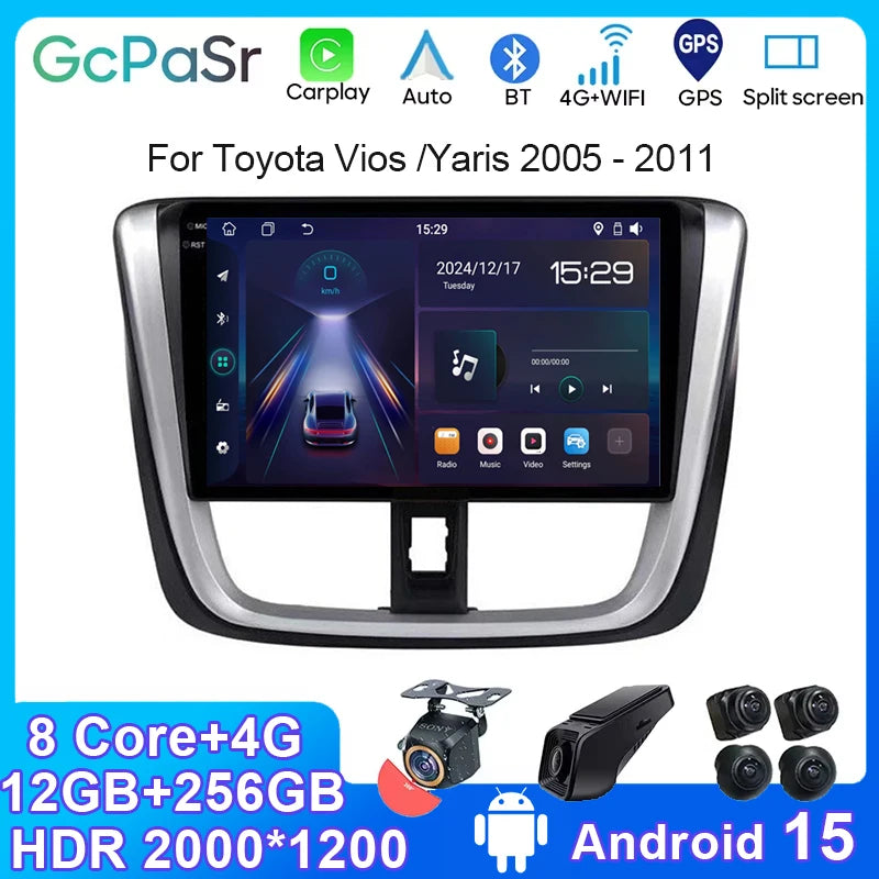 Android 15 WIFI 5G Car Radio For Toyota Vios /Yaris 2005-2011 Auto Multimedia Carplay Play