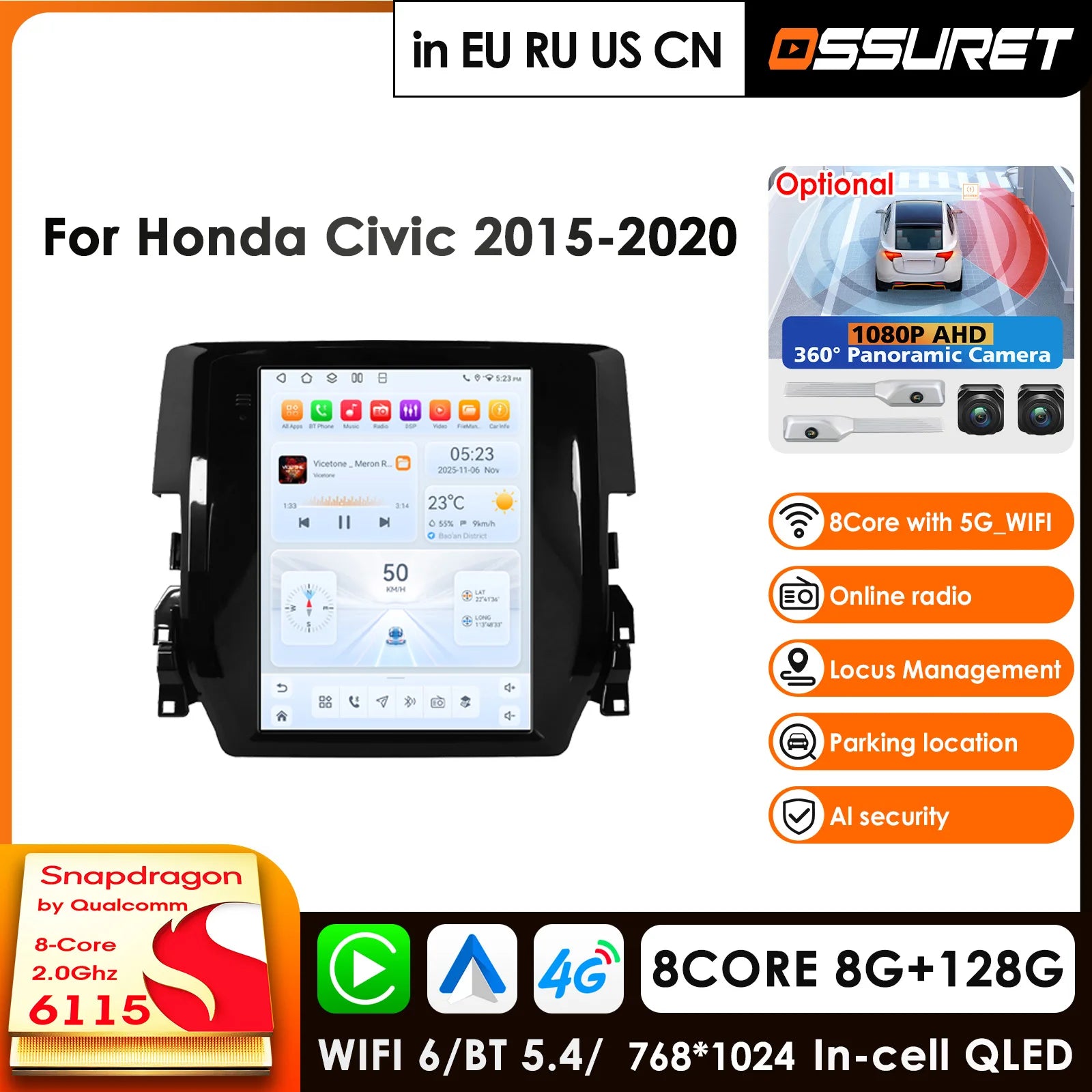 9.7" Car Radio GPS for Honda Civic 2015-2020 - Qualcomm AI System CarPlay 4G Android Stereo Head Unit BT