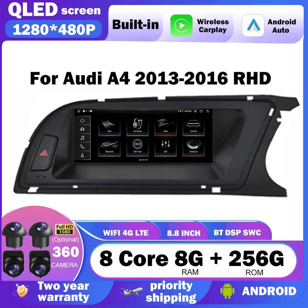 RHD 8.8" For Audi A4 2013- 2016 8 Core Android Auto Car Radio Carplay Auto WIFI 4G DSP Car