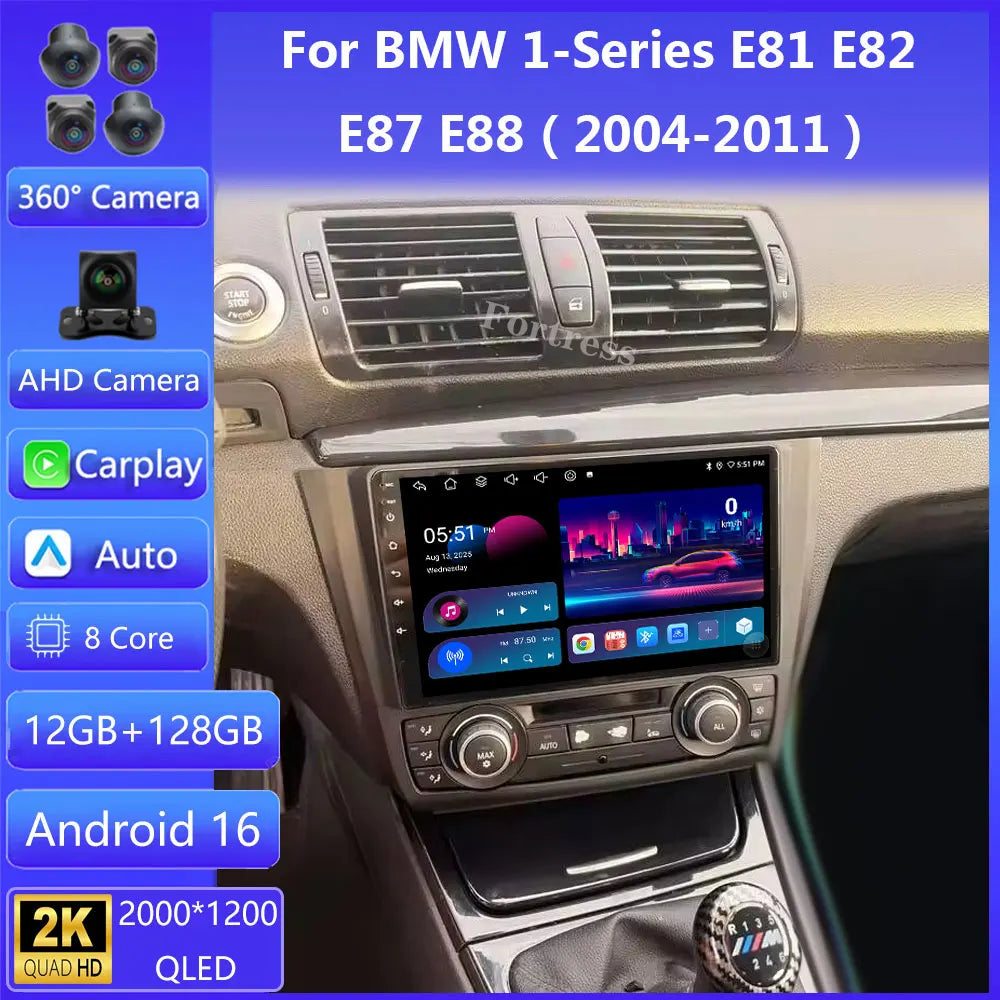 Android 16 For BMW 1-Series E88 E82 E81 E87 2004 - 2012 2K QLED Android Car Radio Multimed