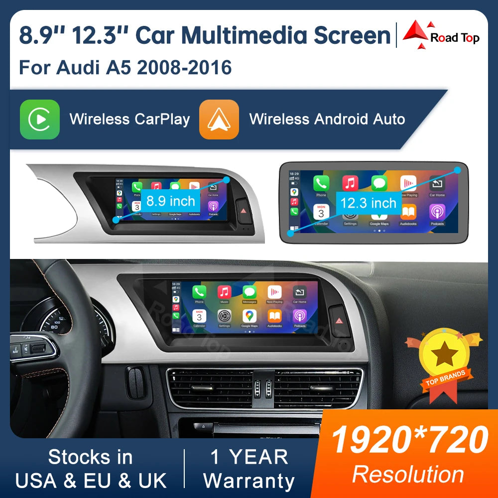 8.9 Inch 12.3"" Multimedia Display Touch Screen For Audi A5 S5 2008-2016 Airplay Miracast  | AUTOKITSHOP