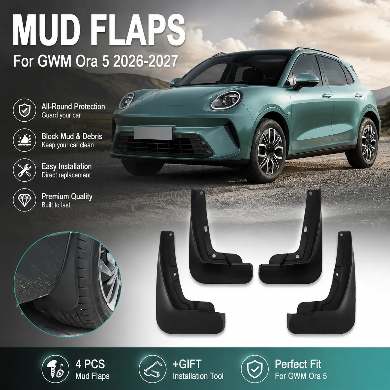For GWM Ora 5 2026~2027 Mudguards Anti-splash Mud Flap Guard Wheel Front Rear Mudflaps 4PC | AUTOKITSHOP