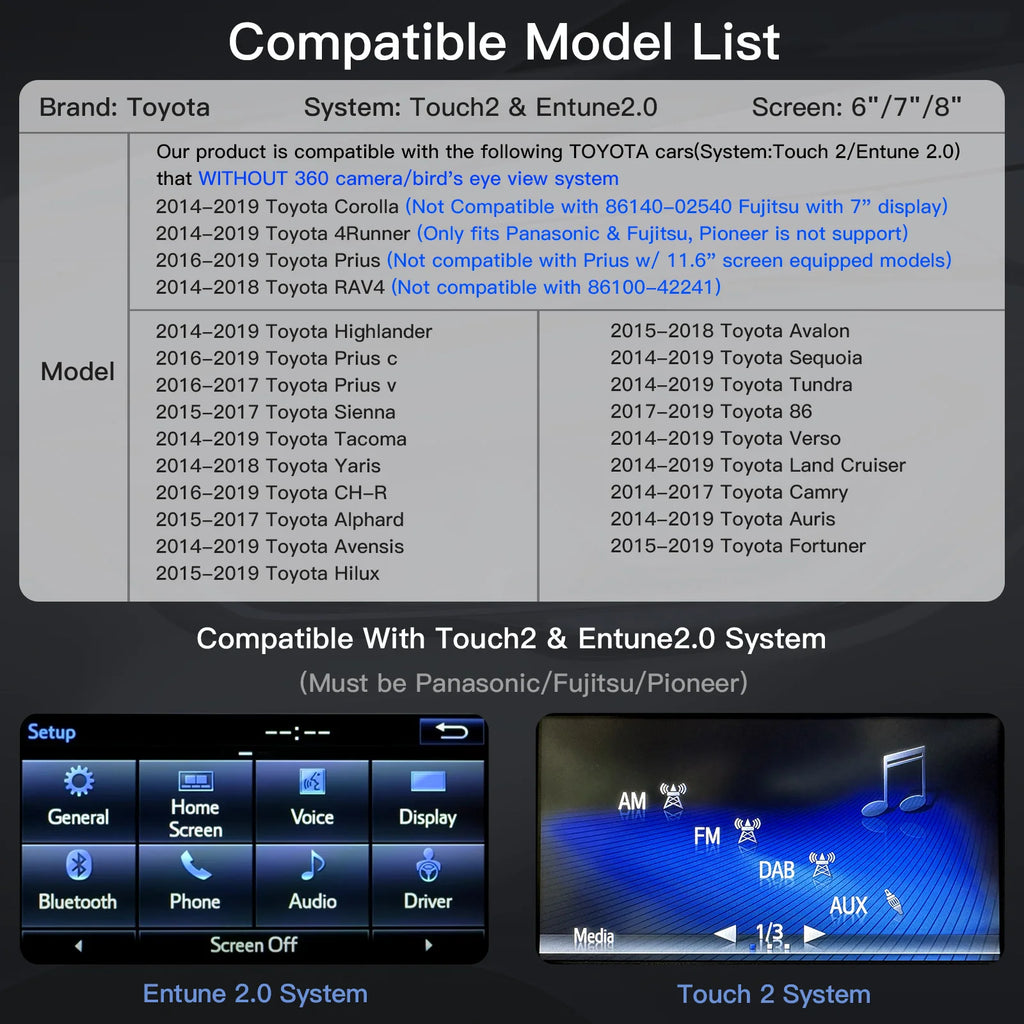 2025 New Carplay Android Auto for Toyota Touch2 Entune 2.0 Highlander Tundra Sienna Prius  | AUTOKITSHOP