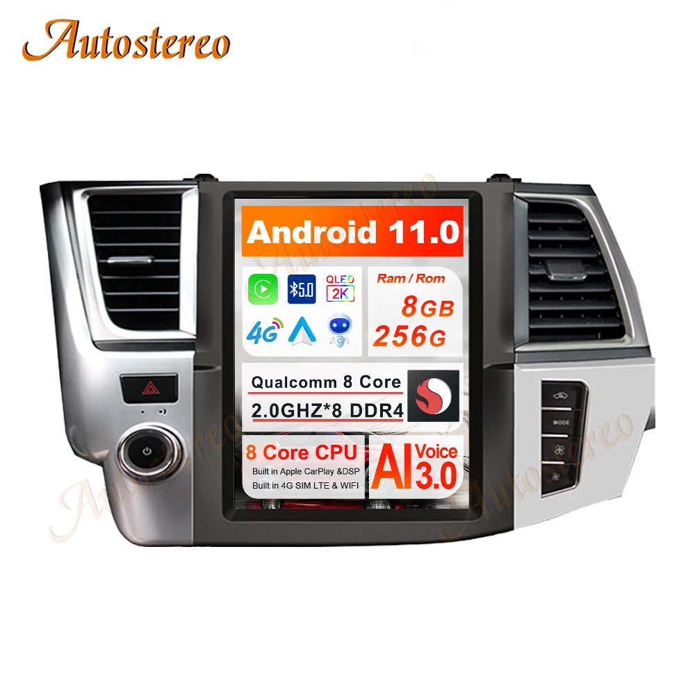 Android 11 For Toyota Kluger Highlander 2014-2021 Tesla Style Car GPS Navigation Auto Radi