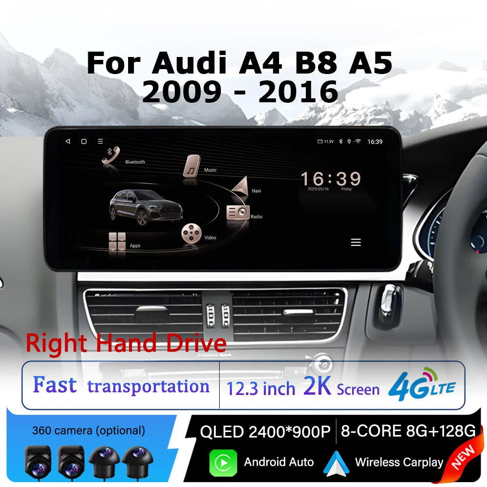 QLED 2400*900P Android 14 Right Hand Drive for Audi A4 B8 A5 2009 - 2016 Car Radio Multime