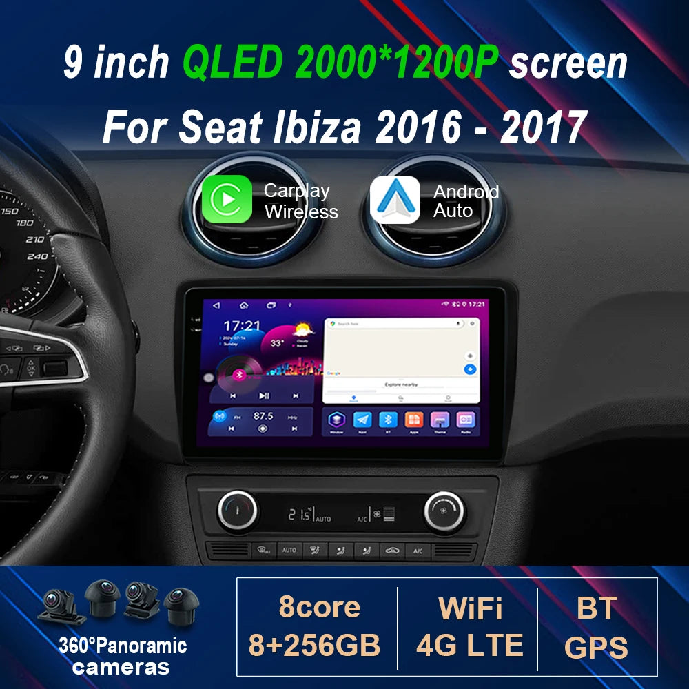 Wireless Carplay 9 inch for Seat lbiza 2016 - 2017 Android 14 Car Audio Multimedia Player