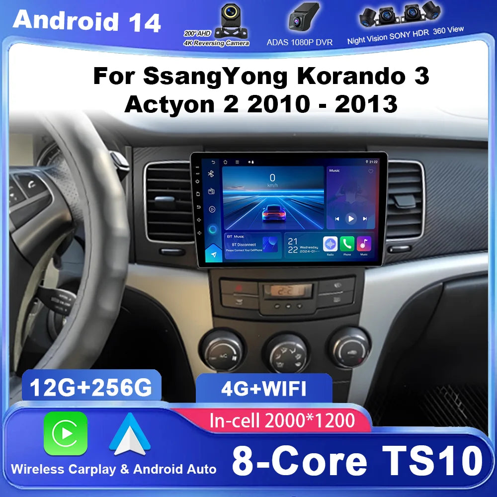 Android 14 Car Radio Stereo For SsangYong Korando 3 Actyon 2 2010 - 2013 Auto Player Multi