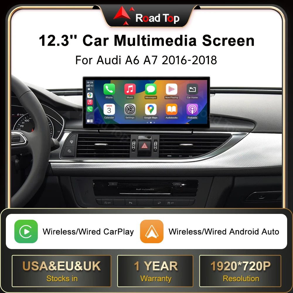 EU RoadTop 12.3 inch Wireless CarPlay For Audi A6 A7 MIB2 2016-2018 Multimedia Display And