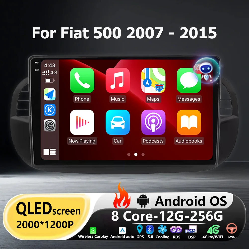 9'' Android 16 Auto For Fiat 500 2007- 2015 Car Radio Multimedia Video Player GPS Navigati