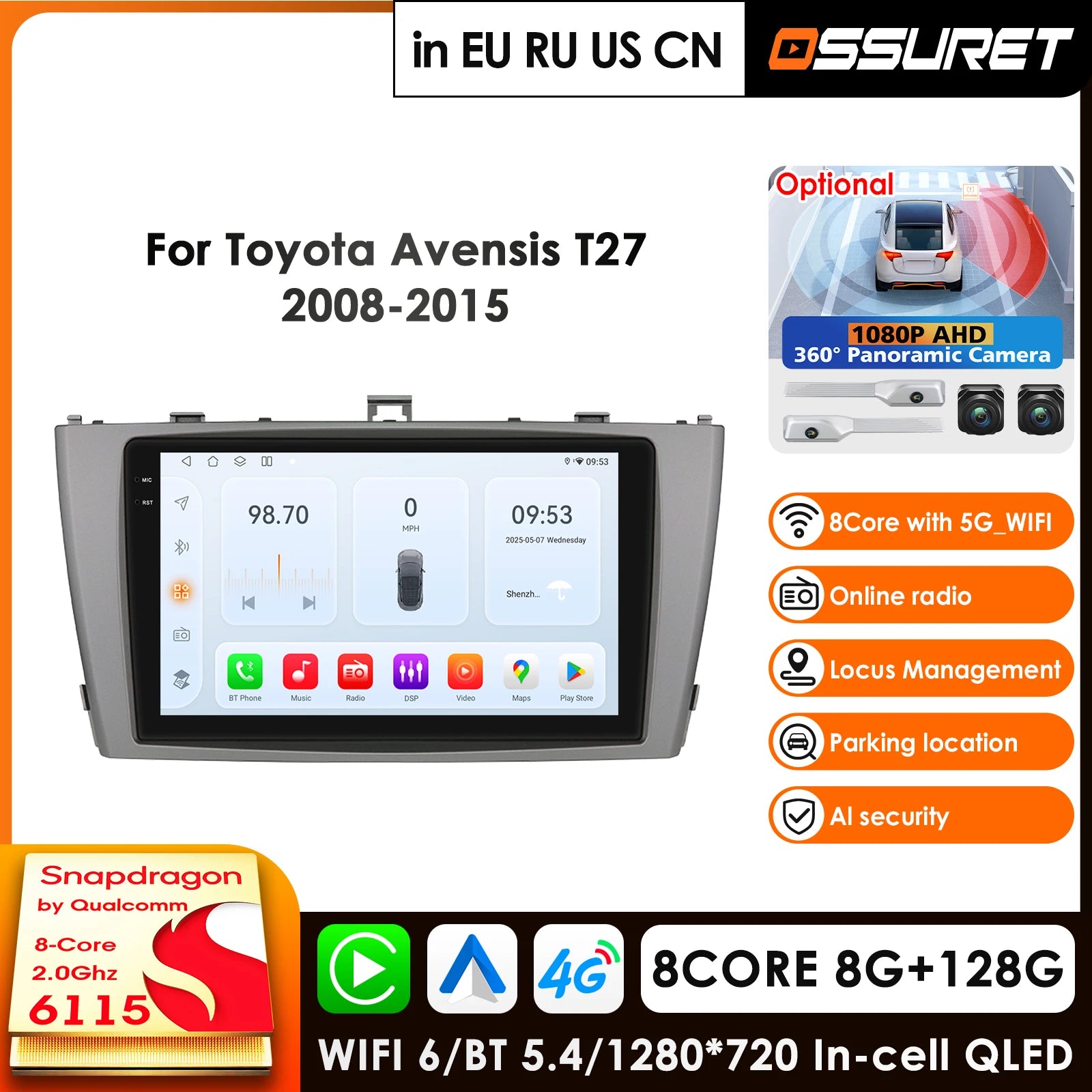 9" Car Radio GPS for Toyota Avensis T27 2008-2015 Android Auto Carplay Multimedia Video Player DSP