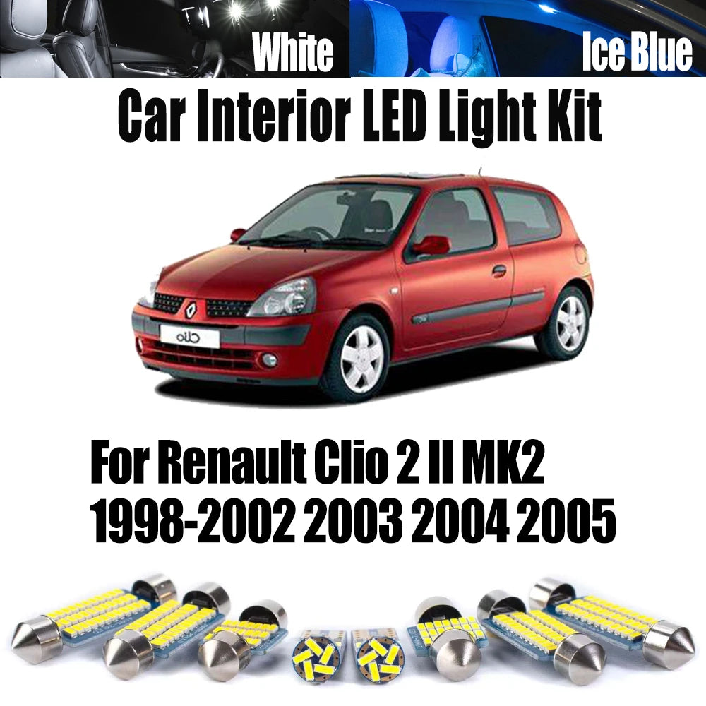 8-Piece LED Interior Light Kit for Renault Clio 2 II MK2 1998-2002 - Canbus Dome Map Door Trunk Bulbs | AUTOKITSHOP