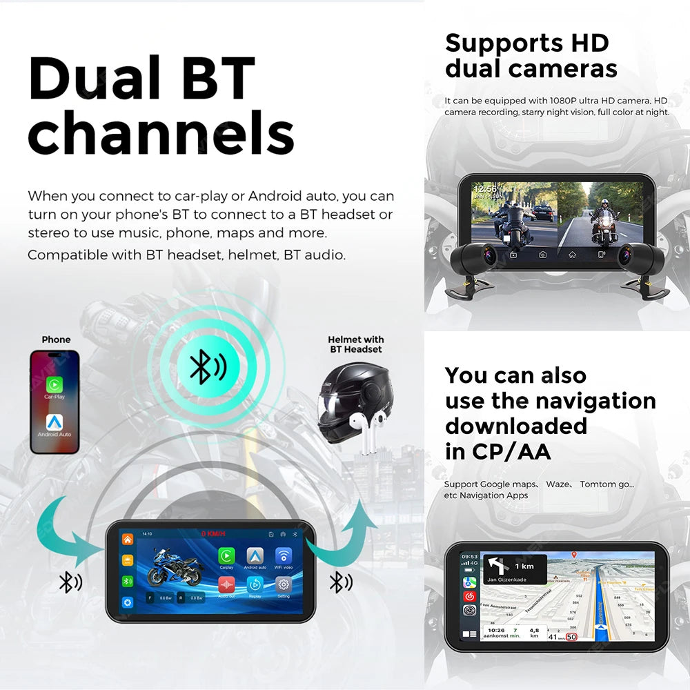 6.25 Inch Portable Motorcycle IP67 Waterproof Wireless for Apple CarPlay Android Auto Mote | AUTOKITSHOP