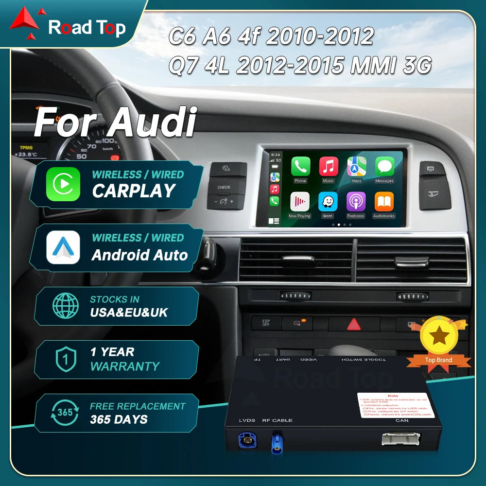 RoadTop Linux Wireless CarPlay Android Auto Interface for Audi Q7 2010-2015, with Mirror L