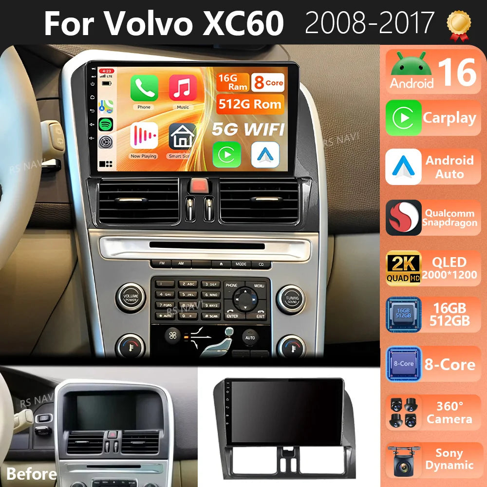 Plug and Play Android 16 For Volvo XC60 2007 2010 2013 2014 2017 2K QLED Stereo Car Radio