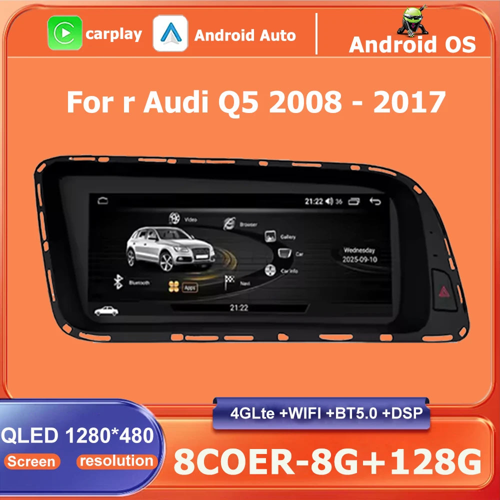8.8 inch QLED Screen Android 16 For Audi Q5 2008 2009 - 2017 Wireless Carplay Car Video Mu