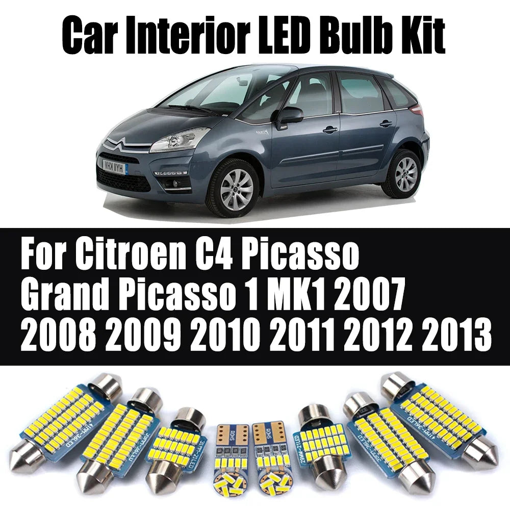 14-Piece LED Interior Light Kit for Citroen C4 Picasso Grand Picasso 1 MK1 2007- 2010 - Canbus Dome Map Door Trunk Bu...