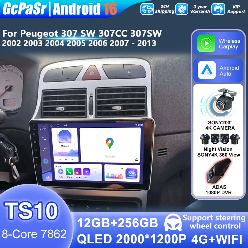 Android 16 For Peugeot 307 307CC 307SW 2002 - 2013 Android Auto Screen Car Multimedia Ster
