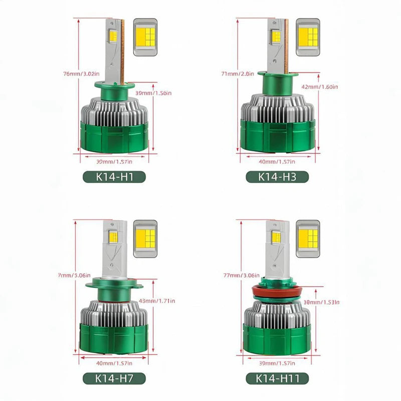 3 Color K14F 150W High Power LED Car Headlight Kit Compatible with H1 H4 H7 H11 HB3 Fog Li