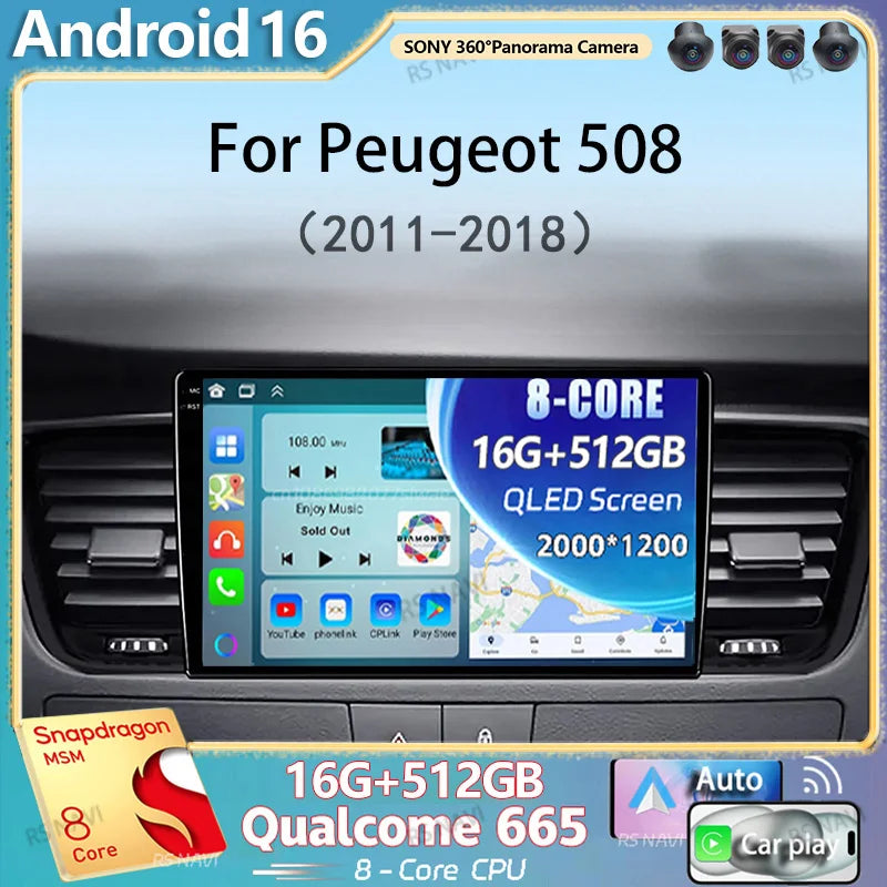 Android 16 CarPlay Auto 4G+WiFi DSP For Peugeot 508 2011-2018 Car Radio Multimedia Video P