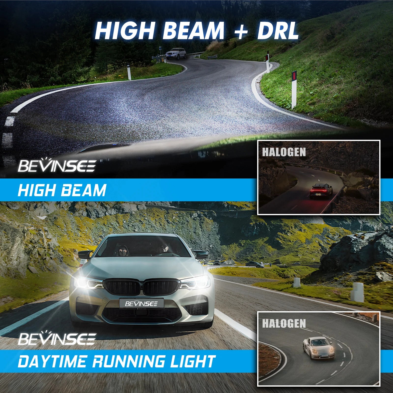 BEVINSEE H15 LED CANbus Headlight Bulb 110W 11000LM High Beam + DRL Day Driving Running Li