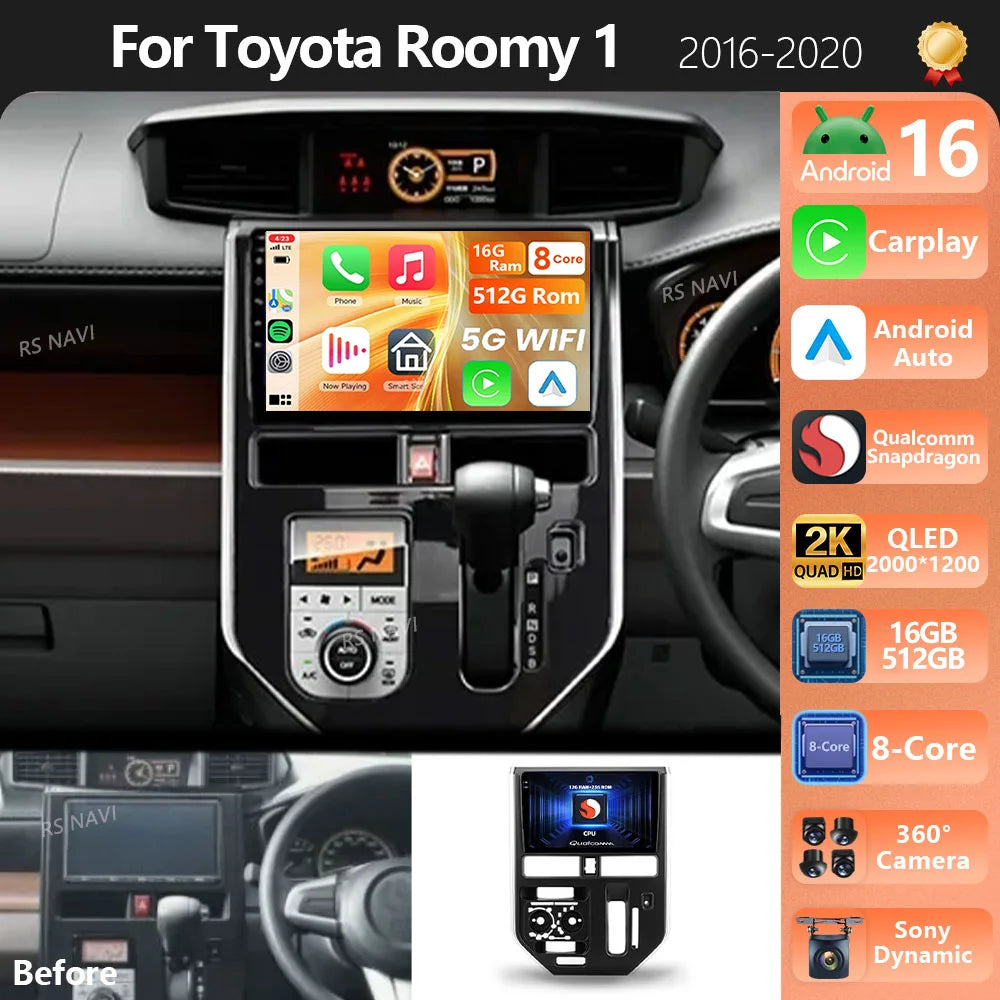 Android 16 Carplay Auto Qualcomm 2K QLED Screen Car Radio Player For Toyota Roomy 1 2016 -
