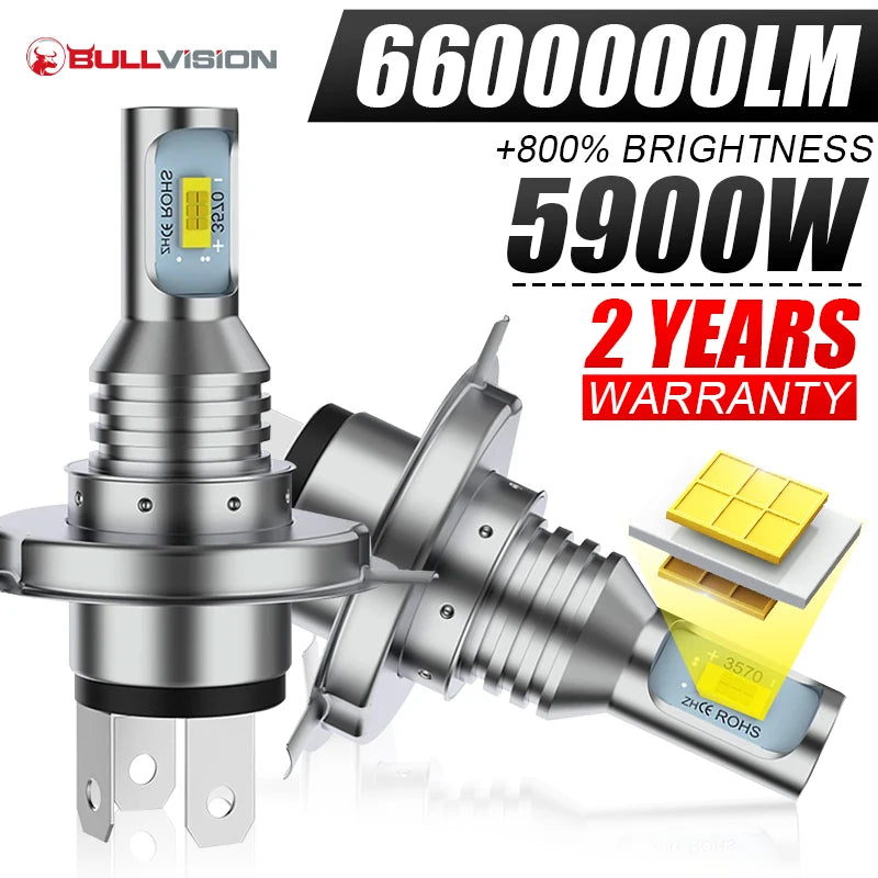 BULLVISION 2PCS H4 LED Lights 4300K 6000K 8000K 1:1 Mini Diode Motorcycle Lamp 5900W Hi/Lo