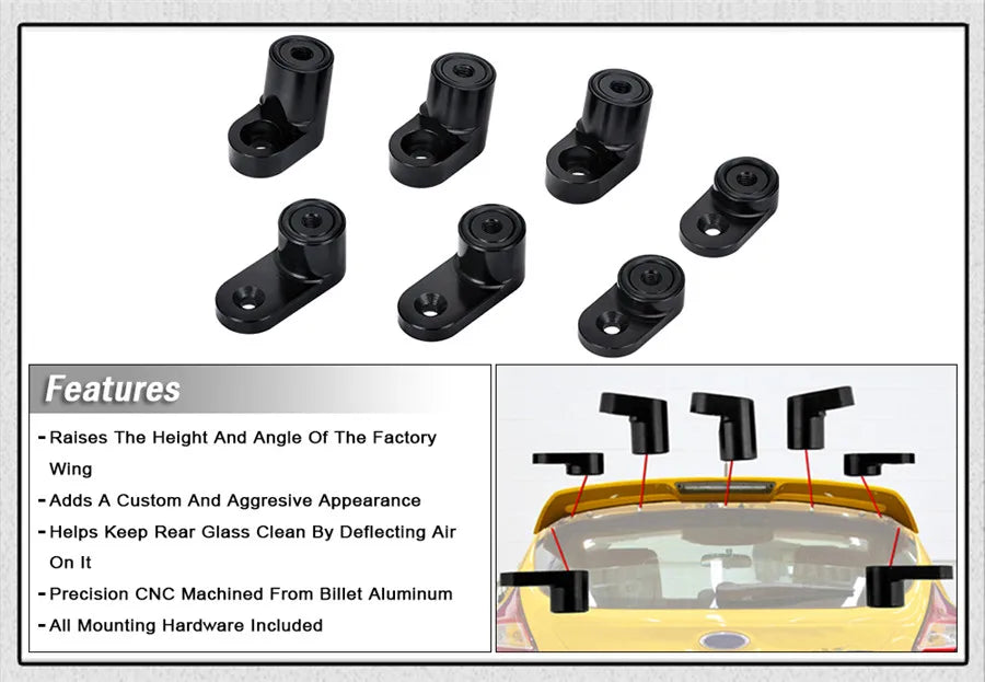 Black CNC Modified Rear Spoiler Wing Riser Kit For 13-18 Ford Focus ST Hatchback