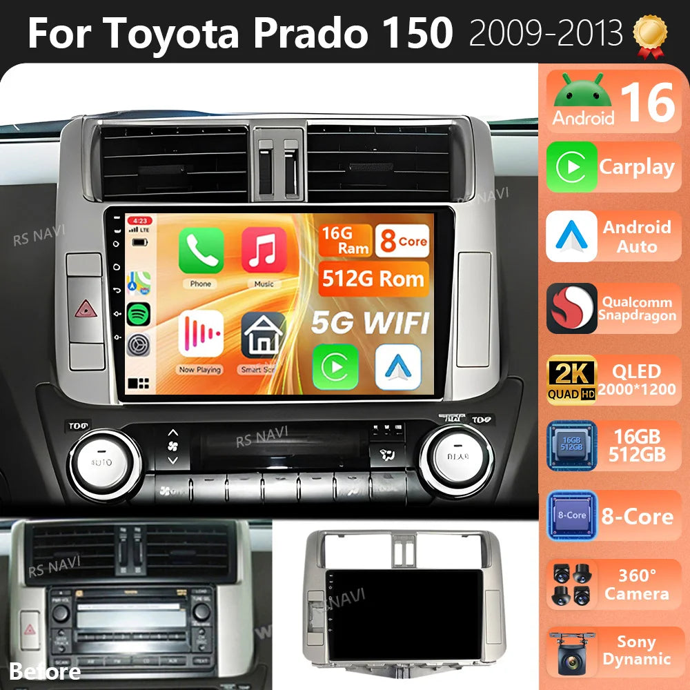 Plug and Play Android 16 For Toyota Land Cruiser Prado 150 2009 - 2013 2K QLED Android Car